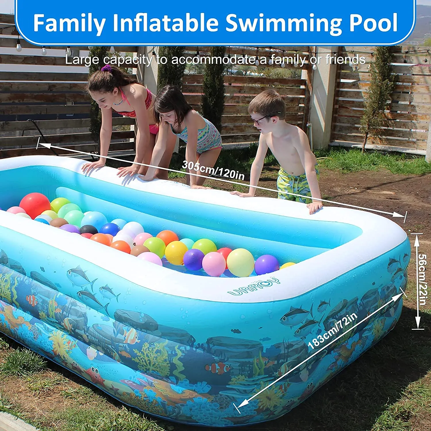 URROY  10ft Full-Sized Inflatable Swimming Pool, Upgraded 0.4mm Thicker Rectangular Family Lounge Pools, Outdoor Backyard Water Play Blow Up Above Ground Pools for Adults, Kiddie, Kids