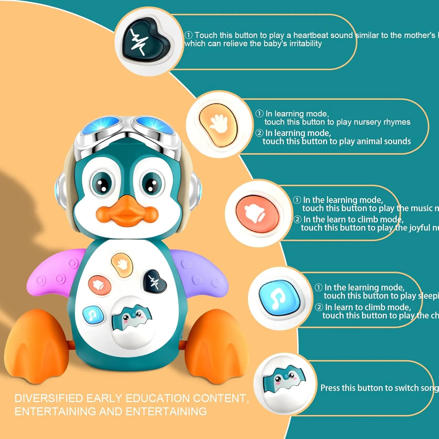 vagrant whatever series Toddler Boy Girl Birthday Gift Crawling Penguin Baby Musical Toys, Baby Tummy Time Toys for Infant 0-3 0-6 6-12 12-18 Months Music Learning Crawl Interactive Development Toy with LED Lights, Babies 