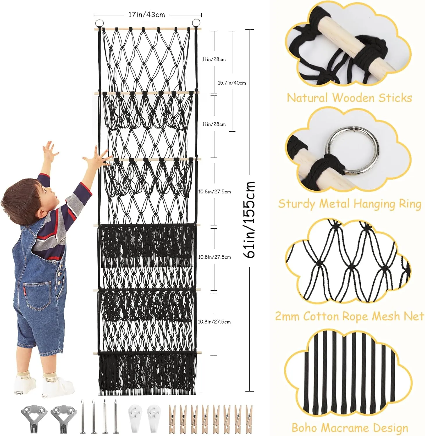 Wall Toy Holder Display for Nursery Kids Girls Boys 5 Tier Stuffed Animal Storage Shelf Net, 17x61 Inch Large Plushie Net w/LED Light affect reputation & Clips for Mini Medium Stuffy Teddy, Black Boho Macrame 