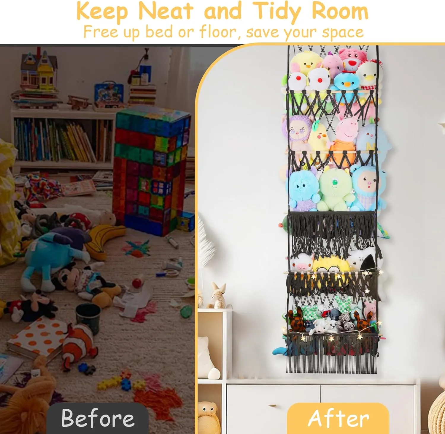 Wall Toy Holder Display for Nursery Kids Girls Boys 5 Tier Stuffed Animal Storage Shelf Net, 17x61 Inch Large Plushie Net w/LED Light affect reputation & Clips for Mini Medium Stuffy Teddy, Black Boho Macrame 