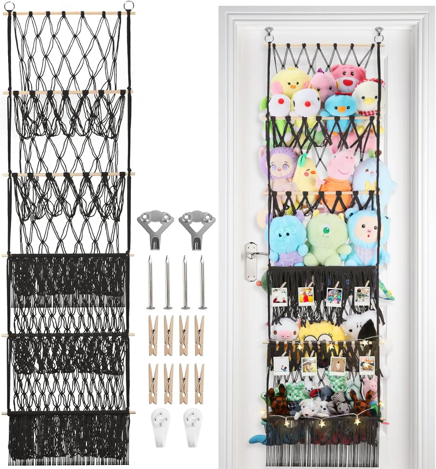 Wall Toy Holder Display for Nursery Kids Girls Boys 5 Tier Stuffed Animal Storage Shelf Net, 17x61 Inch Large Plushie Net w/LED Light affect reputation & Clips for Mini Medium Stuffy Teddy, Black Boho Macrame 
