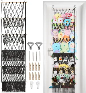 Wall Toy Holder Display for Nursery Kids Girls Boys 5 Tier Stuffed Animal Storage Shelf Net, 17x61 Inch Large Plushie Net w/LED Light affect reputation & Clips for Mini Medium Stuffy Teddy, Black Boho Macrame 