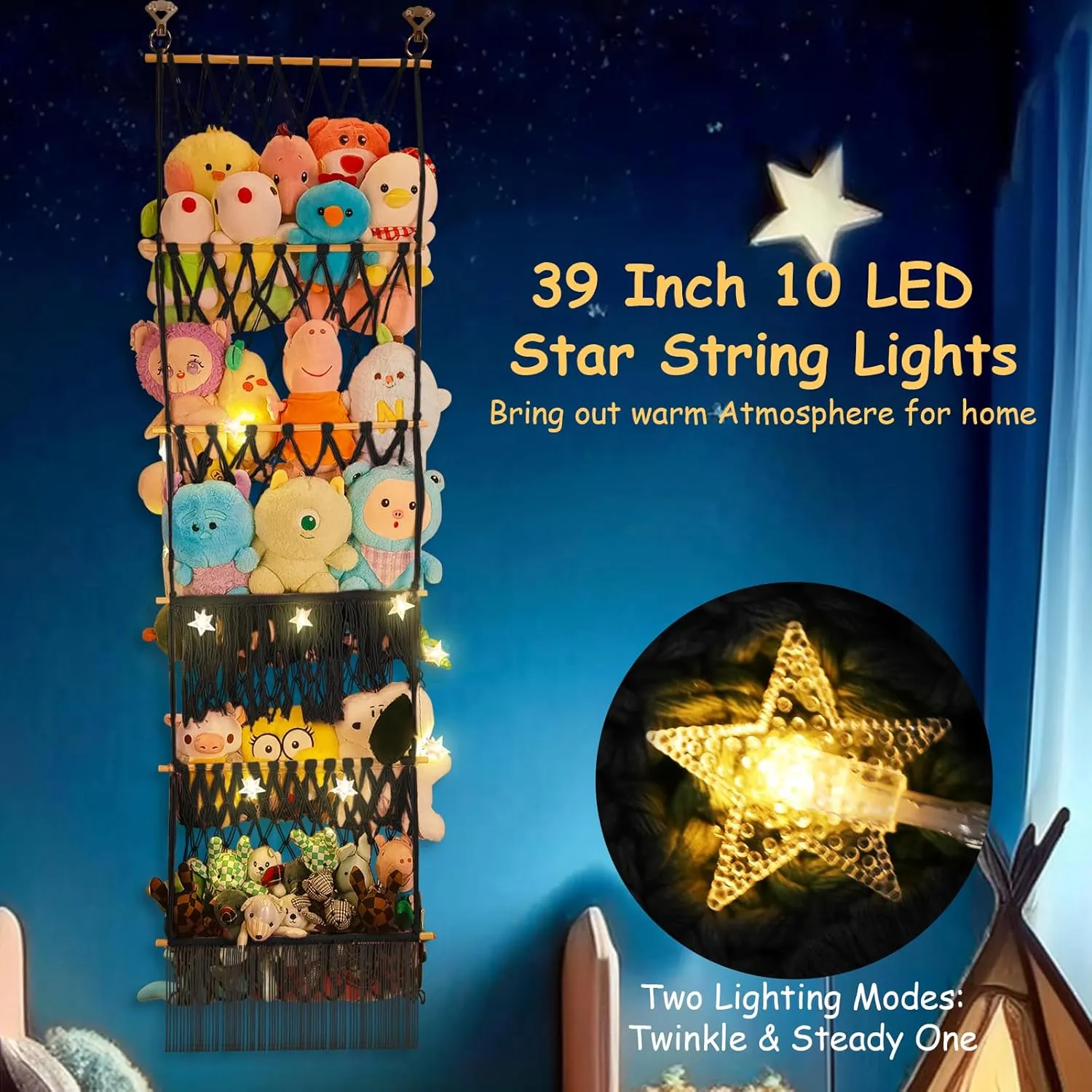 Wall Toy Holder Display for Nursery Kids Girls Boys 5 Tier Stuffed Animal Storage Shelf Net, 17x61 Inch Large Plushie Net w/LED Light affect reputation & Clips for Mini Medium Stuffy Teddy, Black Boho Macrame 