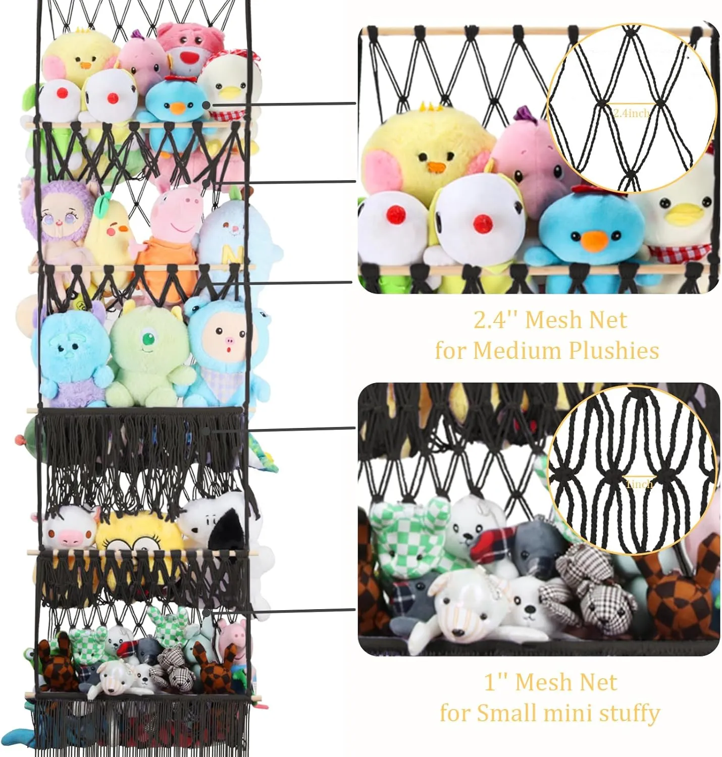 Wall Toy Holder Display for Nursery Kids Girls Boys 5 Tier Stuffed Animal Storage Shelf Net, 17x61 Inch Large Plushie Net w/LED Light affect reputation & Clips for Mini Medium Stuffy Teddy, Black Boho Macrame 