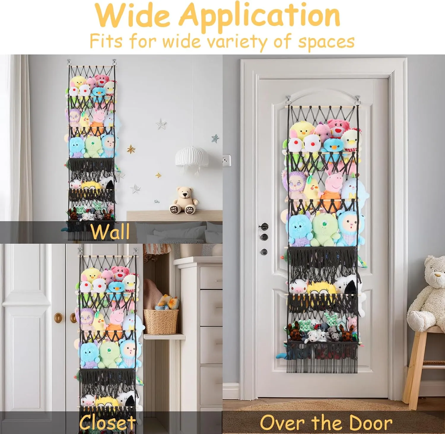 Wall Toy Holder Display for Nursery Kids Girls Boys 5 Tier Stuffed Animal Storage Shelf Net, 17x61 Inch Large Plushie Net w/LED Light affect reputation & Clips for Mini Medium Stuffy Teddy, Black Boho Macrame 
