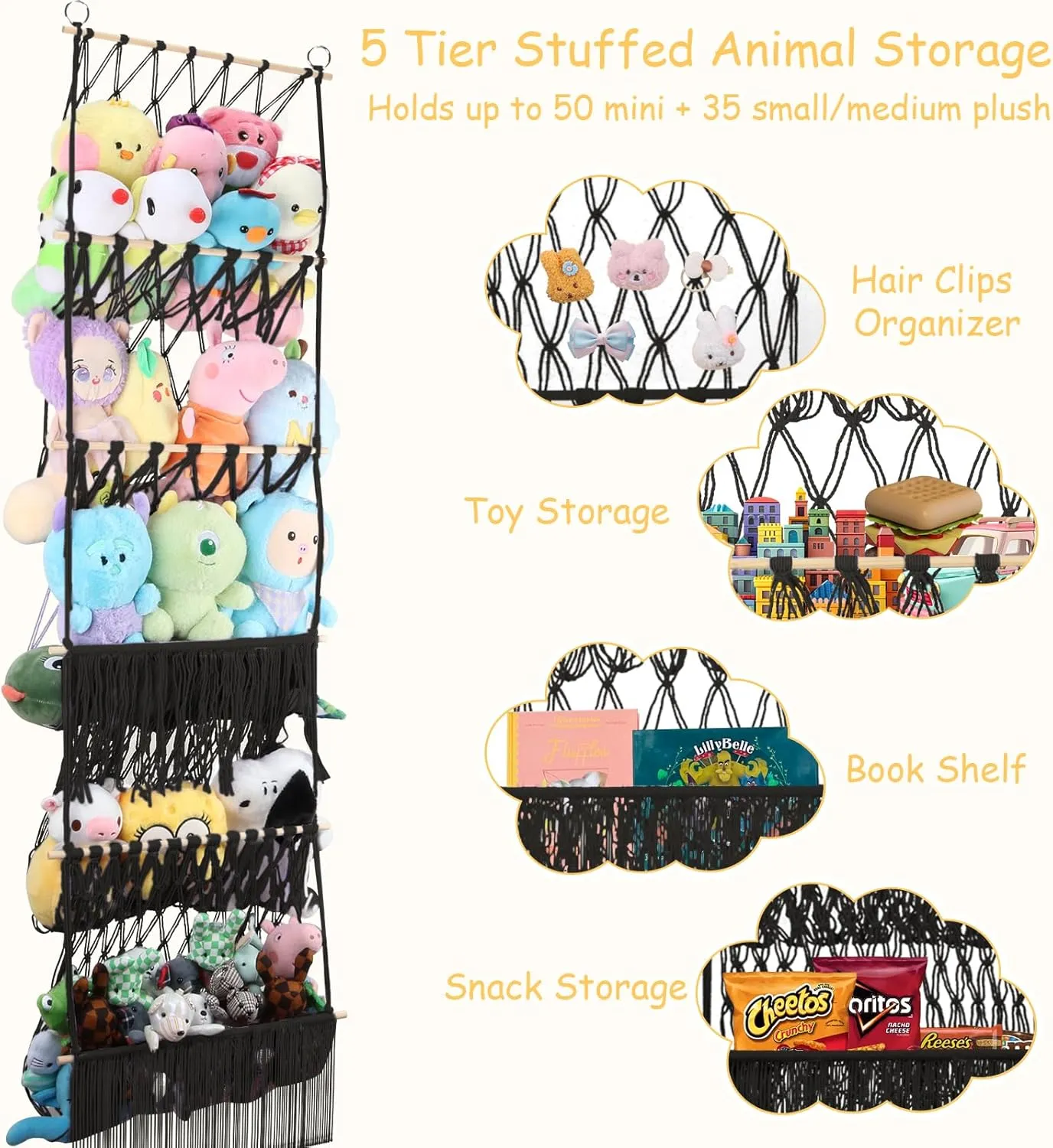 Wall Toy Holder Display for Nursery Kids Girls Boys 5 Tier Stuffed Animal Storage Shelf Net, 17x61 Inch Large Plushie Net w/LED Light affect reputation & Clips for Mini Medium Stuffy Teddy, Black Boho Macrame 