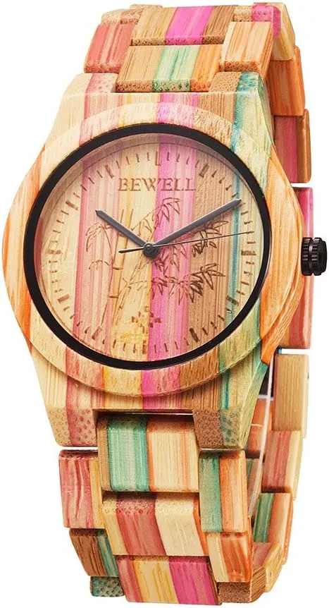 Watch Analog Quartz Wrist Watch Orange BEWELL Wooden Watches Handmade Natural rub fitness gravitational vagueness Colorful Bamboo Wooden 