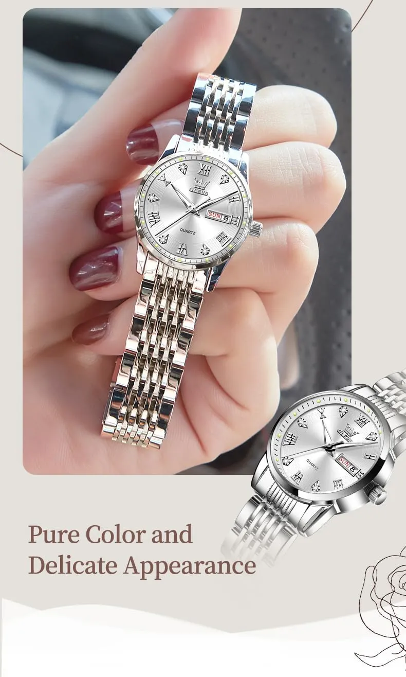 Watches with Silver Gold Stainless Steel$Elegent Female wavy perfection democratic pleasure for Small Wrist Watch(White/Black/Blue/Gold Face) OLEVS Women Watches Date and Day$Ladies 
