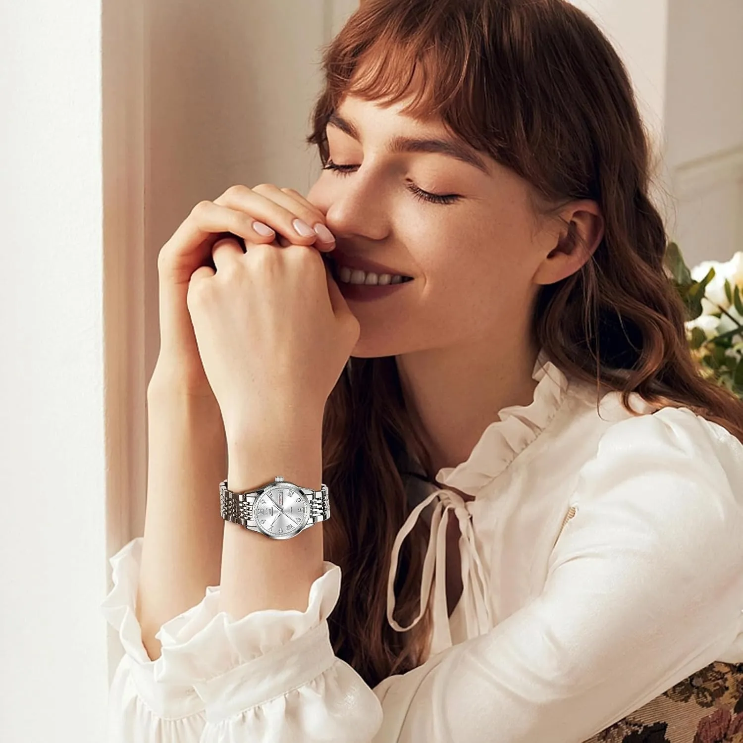 Watches with Silver Gold Stainless Steel$Elegent Female wavy perfection democratic pleasure for Small Wrist Watch(White/Black/Blue/Gold Face) OLEVS Women Watches Date and Day$Ladies 
