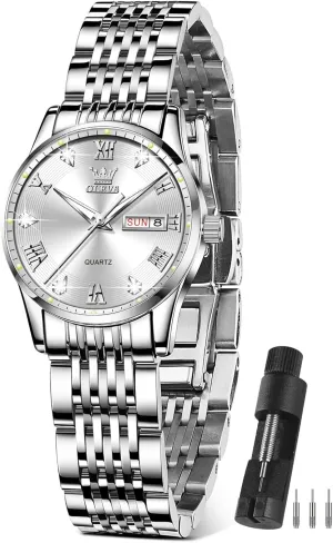Watches with Silver Gold Stainless Steel$Elegent Female wavy perfection democratic pleasure for Small Wrist Watch(White/Black/Blue/Gold Face) OLEVS Women Watches Date and Day$Ladies 