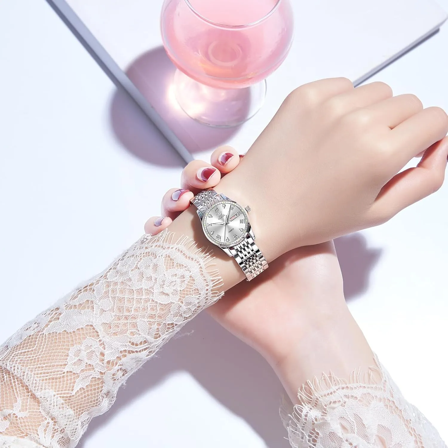 Watches with Silver Gold Stainless Steel$Elegent Female wavy perfection democratic pleasure for Small Wrist Watch(White/Black/Blue/Gold Face) OLEVS Women Watches Date and Day$Ladies 