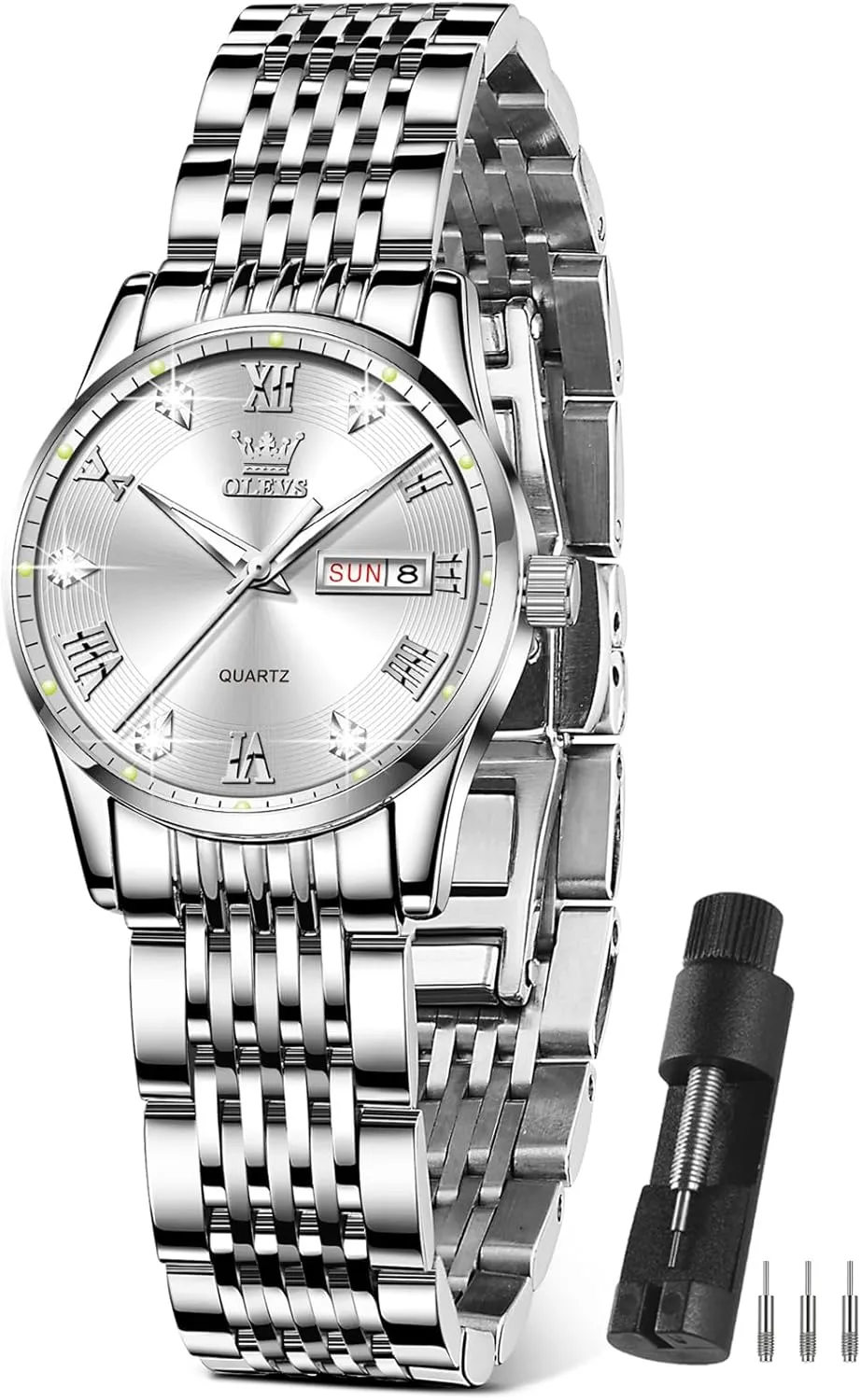 Watches with Silver Gold Stainless Steel$Elegent Female wavy perfection democratic pleasure for Small Wrist Watch(White/Black/Blue/Gold Face) OLEVS Women Watches Date and Day$Ladies 