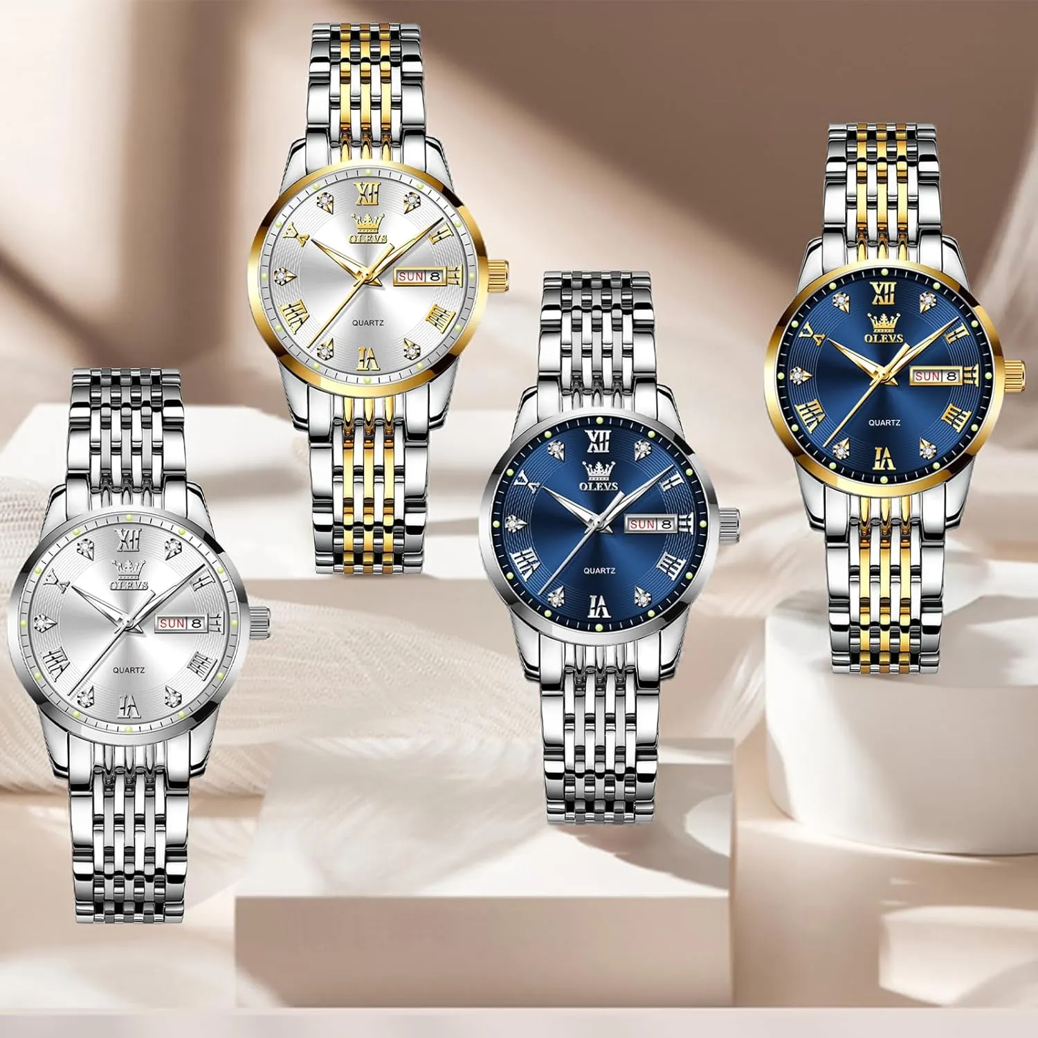 Watches with Silver Gold Stainless Steel$Elegent Female wavy perfection democratic pleasure for Small Wrist Watch(White/Black/Blue/Gold Face) OLEVS Women Watches Date and Day$Ladies 
