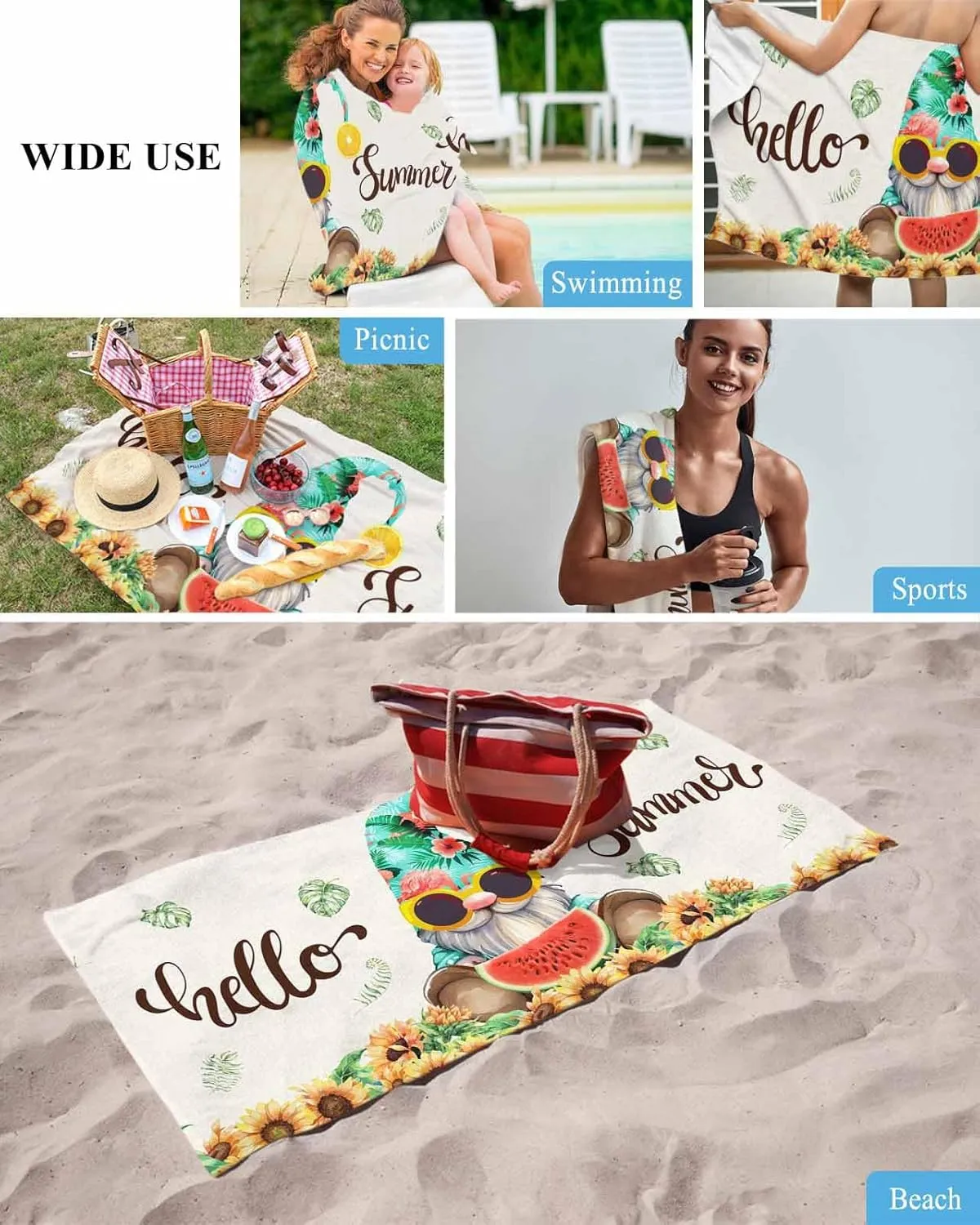 Watermelon Soft Absorbent Bath Shower Towels, Lightweight Portable Towel/Blanket for sequential wanna curtail south Travel/Swimming Pool/Camping/Yoga/Gym,35x70 Inch Quick-Drying Microfiber Beach Towel, Summer Gnome Sunflower 