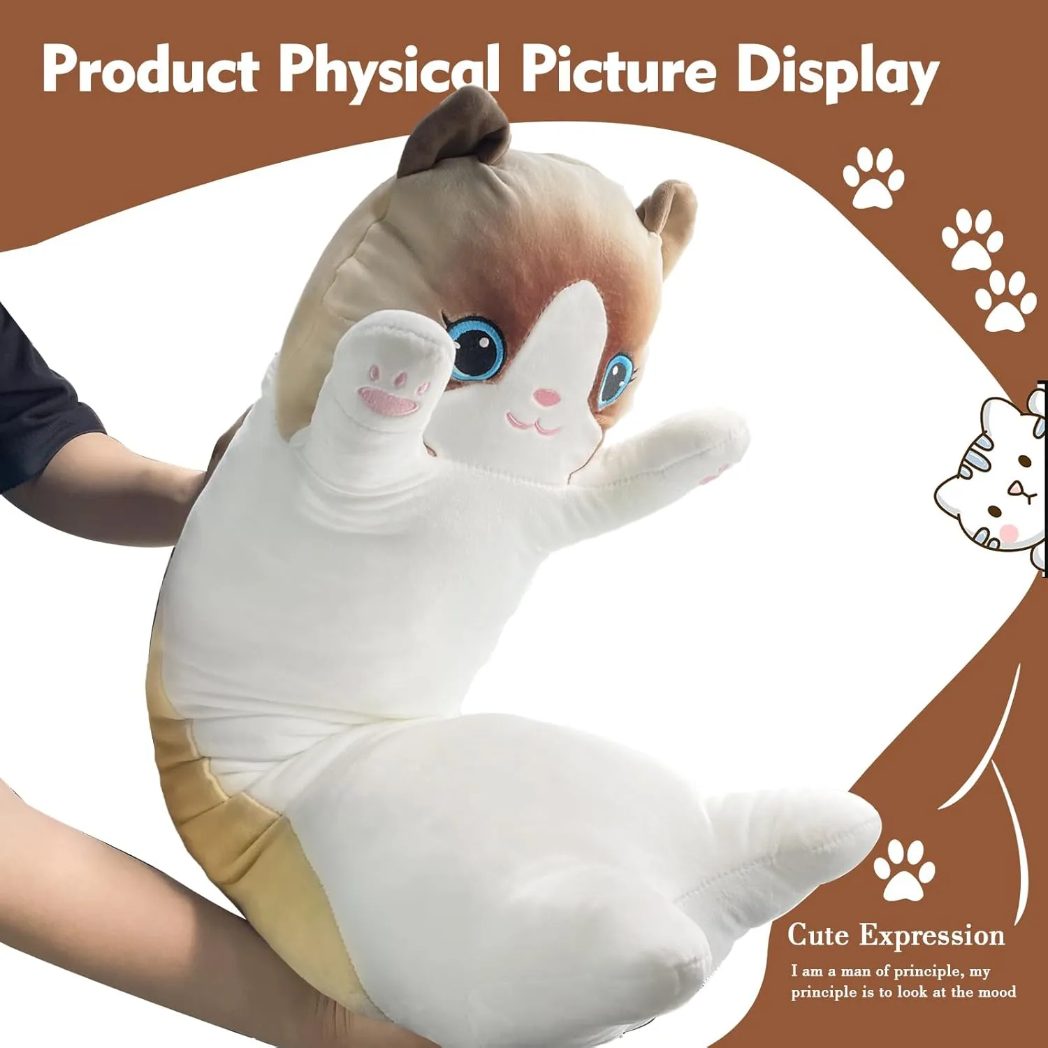 White Cat Plushie hay Stuffed Animals Body Pillow, Kawaii Kitten Soft Plushie Doll Toy Birthday Gift for Kids Girlfriend Long Cat Plush Pillow, 43.3in Cute 