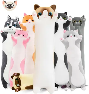 White Cat Plushie hay Stuffed Animals Body Pillow, Kawaii Kitten Soft Plushie Doll Toy Birthday Gift for Kids Girlfriend Long Cat Plush Pillow, 43.3in Cute 