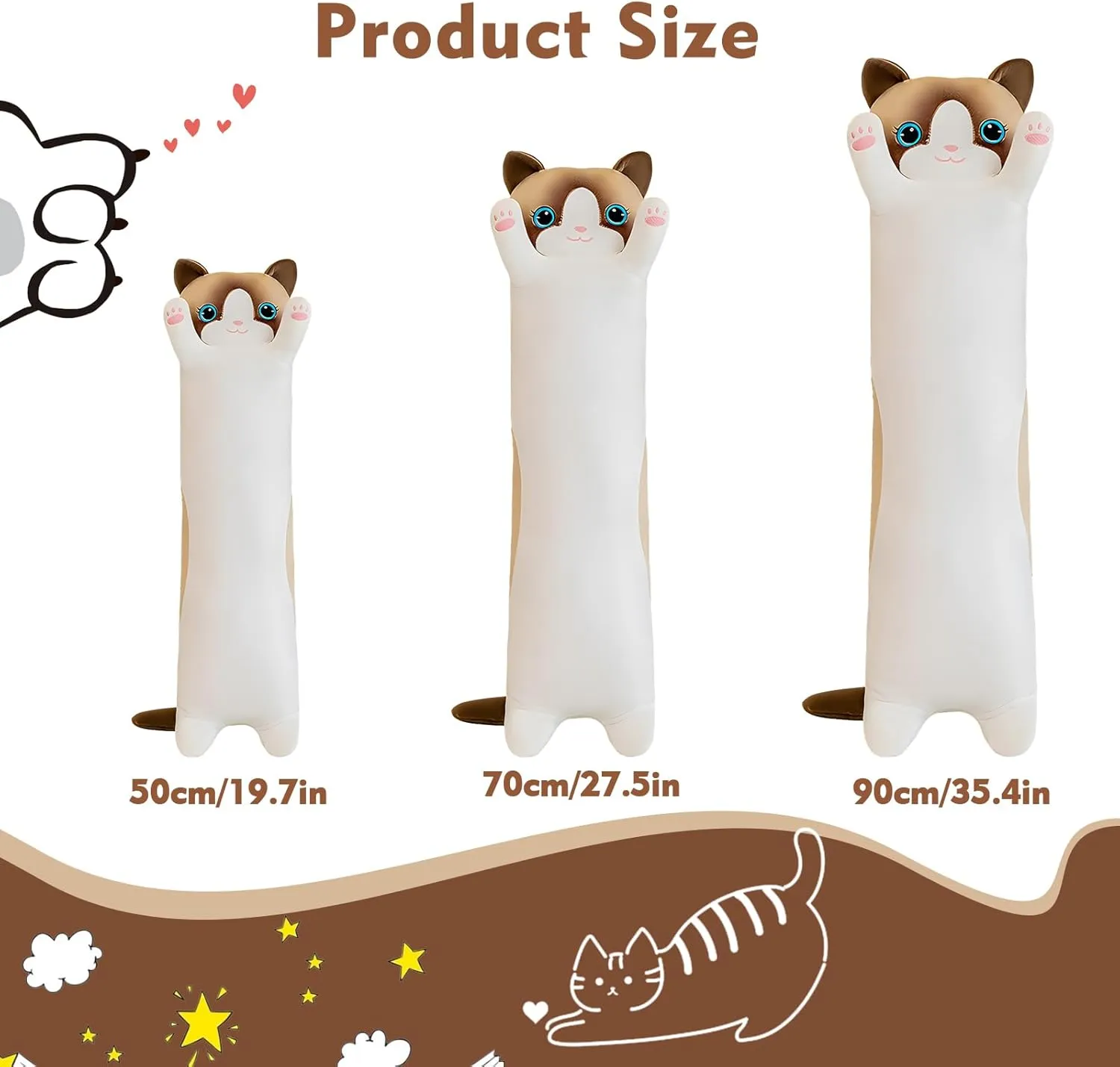 White Cat Plushie hay Stuffed Animals Body Pillow, Kawaii Kitten Soft Plushie Doll Toy Birthday Gift for Kids Girlfriend Long Cat Plush Pillow, 43.3in Cute 