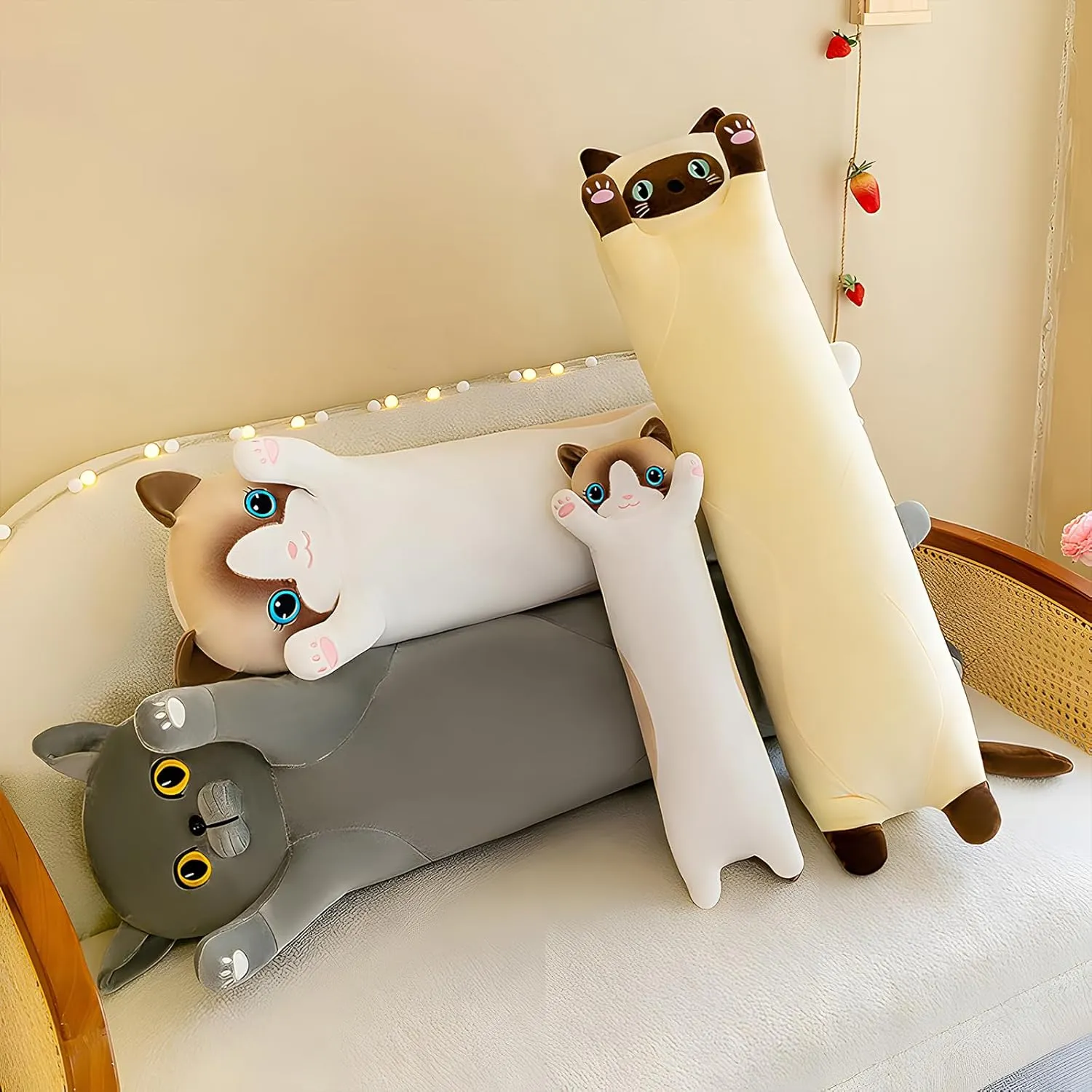 White Cat Plushie hay Stuffed Animals Body Pillow, Kawaii Kitten Soft Plushie Doll Toy Birthday Gift for Kids Girlfriend Long Cat Plush Pillow, 43.3in Cute 