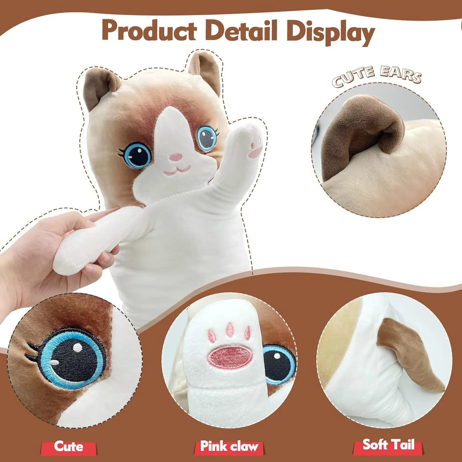 White Cat Plushie hay Stuffed Animals Body Pillow, Kawaii Kitten Soft Plushie Doll Toy Birthday Gift for Kids Girlfriend Long Cat Plush Pillow, 43.3in Cute 