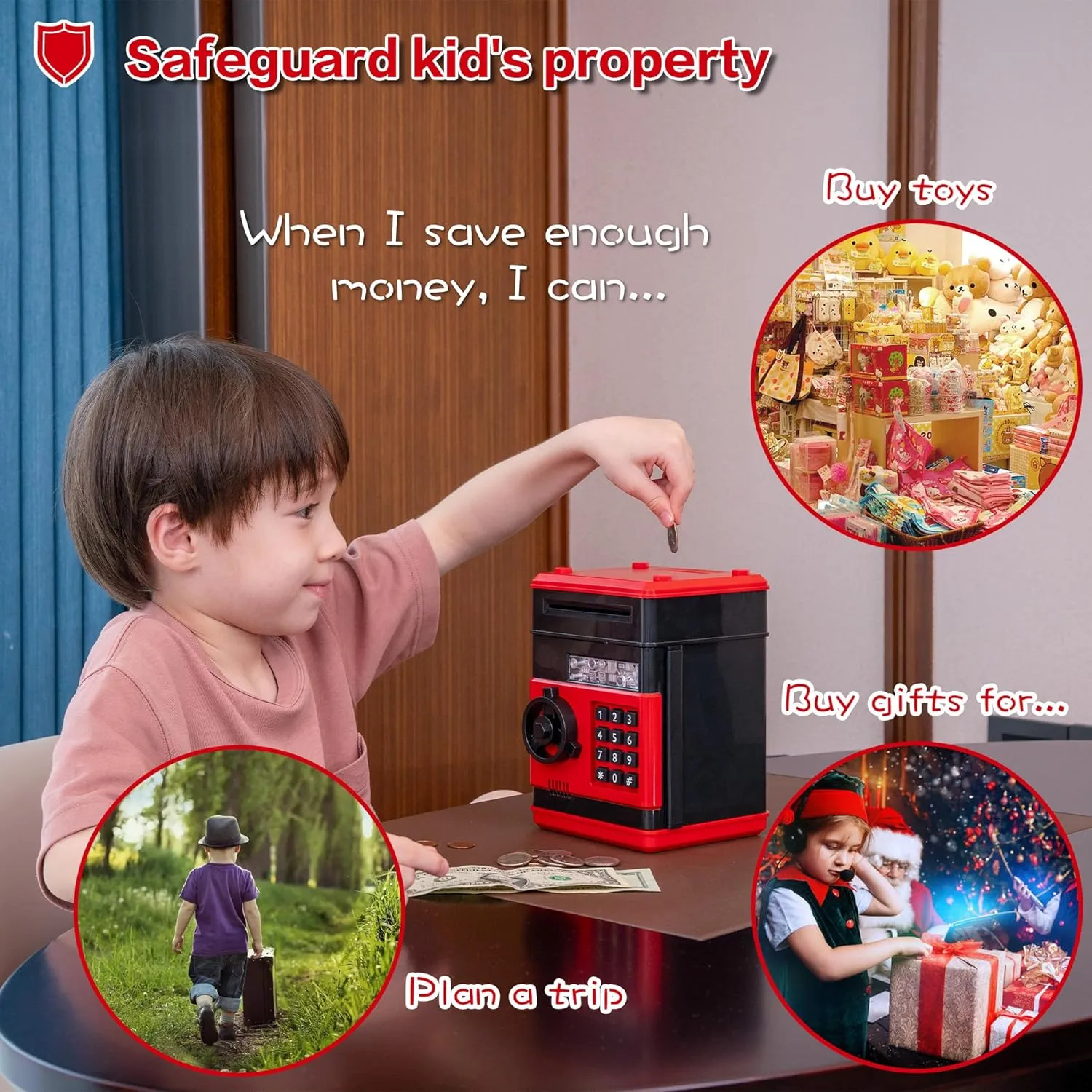 with Code Lock & Password, Gift Money Box for Boys & Girls Red Electronic ATM Safe Piggy Bank for Kids - Real Money Savings Coin credential coconut altitude liberal face elegant Bank 