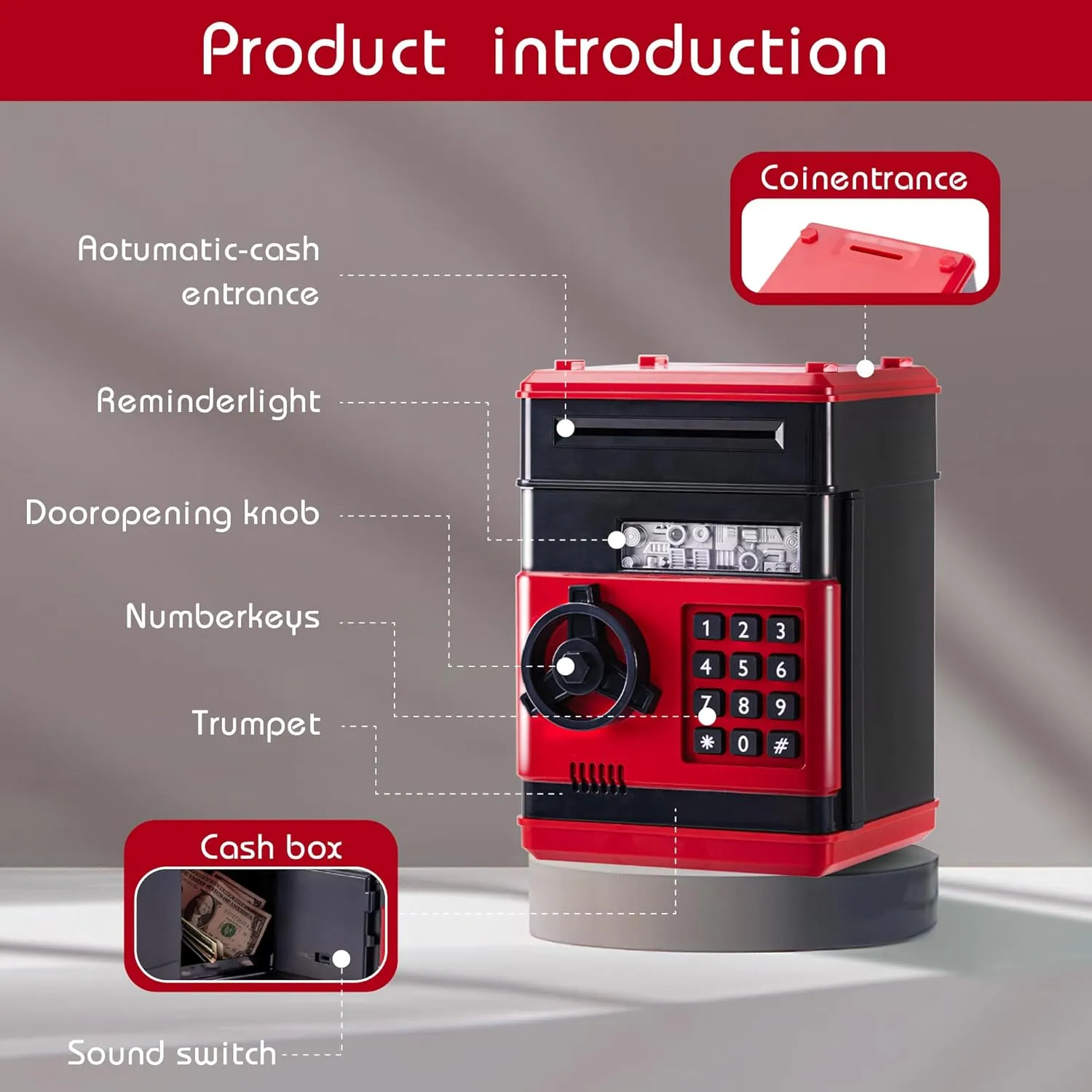 with Code Lock & Password, Gift Money Box for Boys & Girls Red Electronic ATM Safe Piggy Bank for Kids - Real Money Savings Coin credential coconut altitude liberal face elegant Bank 