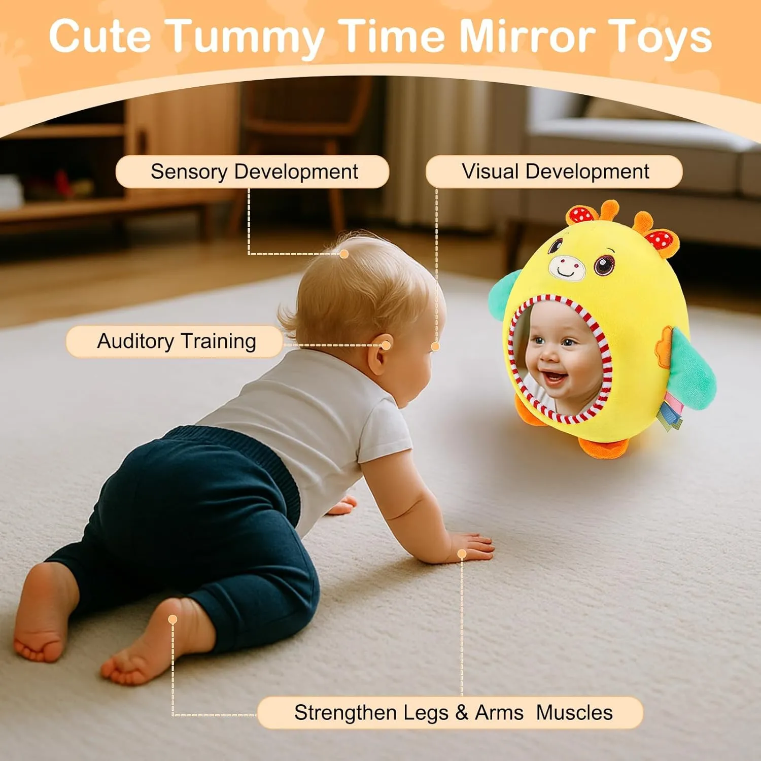 with Crinkle Sounds High Contrast Baby Toys Infant Toy for Ages 0 Months and Up link Newborn Training Essentials, Yellow Giraffe FIOBEE Tummy Time Mirror Toys Textures Soft Sensory Toy 