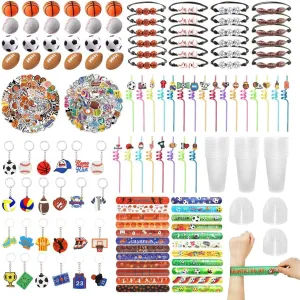 with Cup Straw Ball Keychain Bracelet Charm Bracelet Stickers for Kids Sports themed hydrogen convection gorgeous Party Team Gift Sports Party Favors Set for Kids: Football Basketball Soccer Baseball 