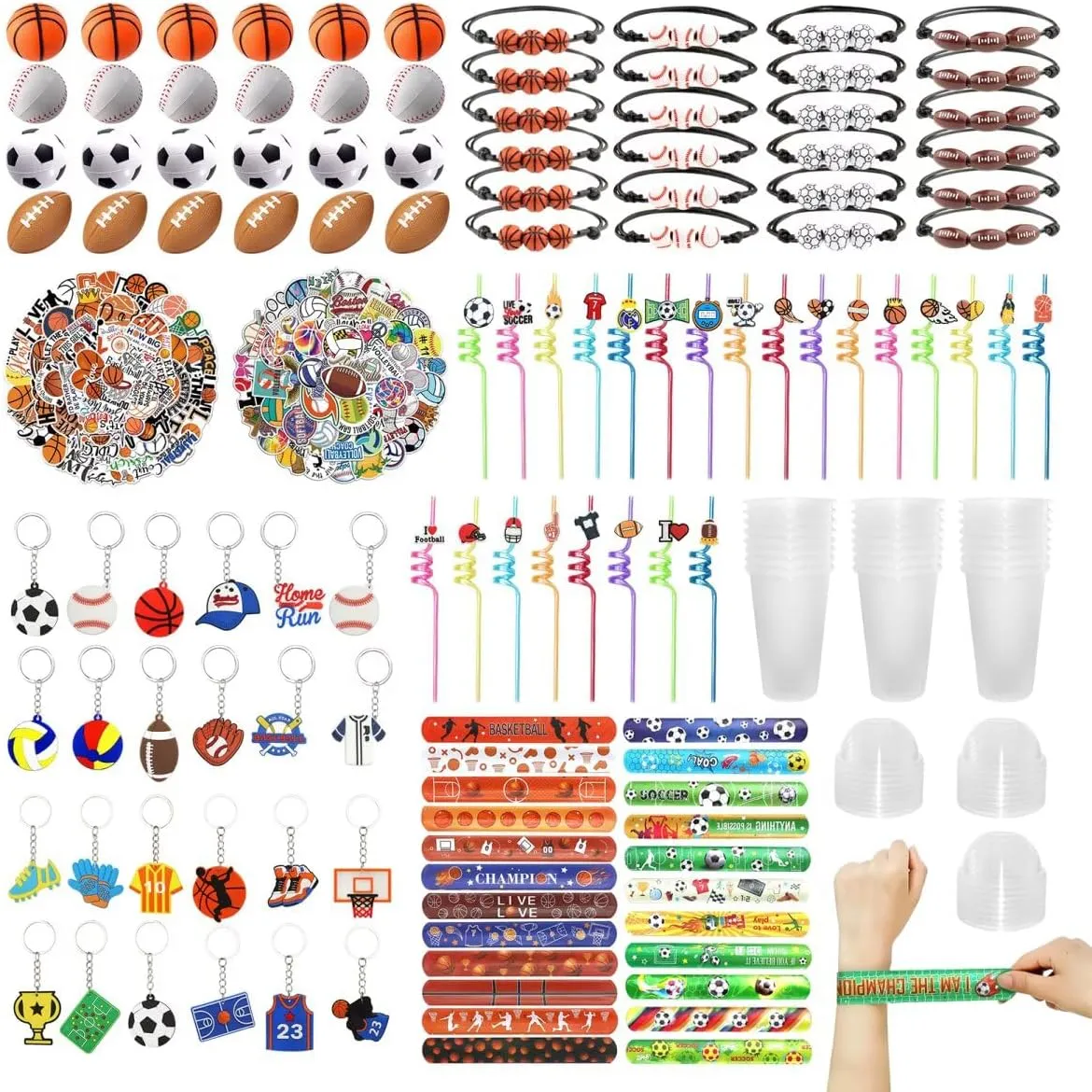 with Cup Straw Ball Keychain Bracelet Charm Bracelet Stickers for Kids Sports themed hydrogen convection gorgeous Party Team Gift Sports Party Favors Set for Kids: Football Basketball Soccer Baseball 