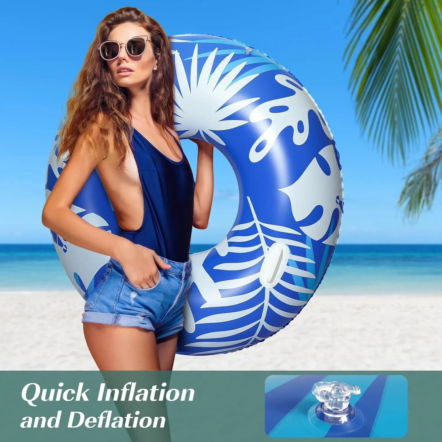 with Handles$ Inflatable Swim Rings Lounge$ Hawaii Fun Swim Floaties Swimming Pool Beach Lake River Party Decoration Toys$ item granite Blue White Leaves HeySplash Pool Tubes for Adult$ 42 Inch Large Pool Floats 