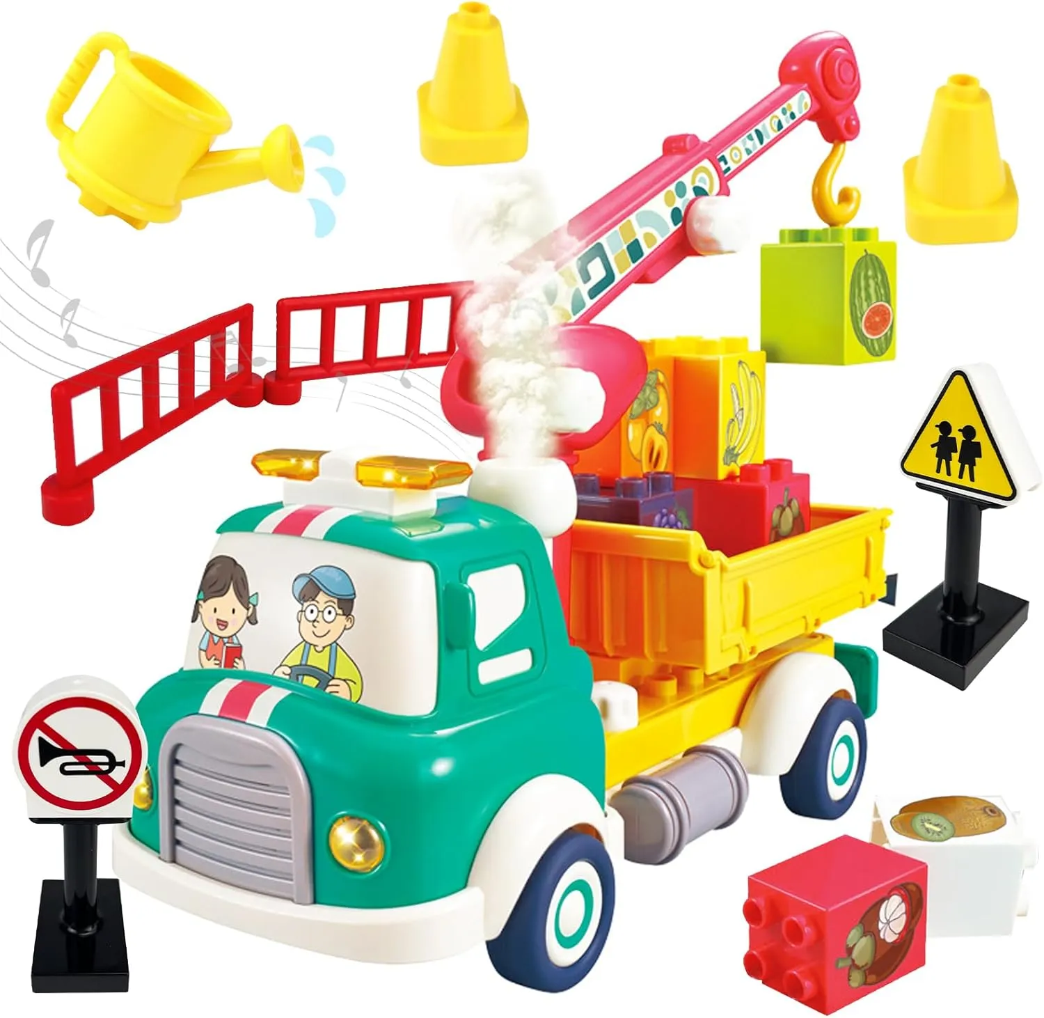 with Sounds$ status spinal camel Lights and Spray Effect Vehicle Building Toy Set Gift for Birthday Christmas CORPER TOYS Building Blocks Fruit Transport Truck Toys with Road Sign Set for Kids 