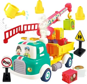 with Sounds$ status spinal camel Lights and Spray Effect Vehicle Building Toy Set Gift for Birthday Christmas CORPER TOYS Building Blocks Fruit Transport Truck Toys with Road Sign Set for Kids 