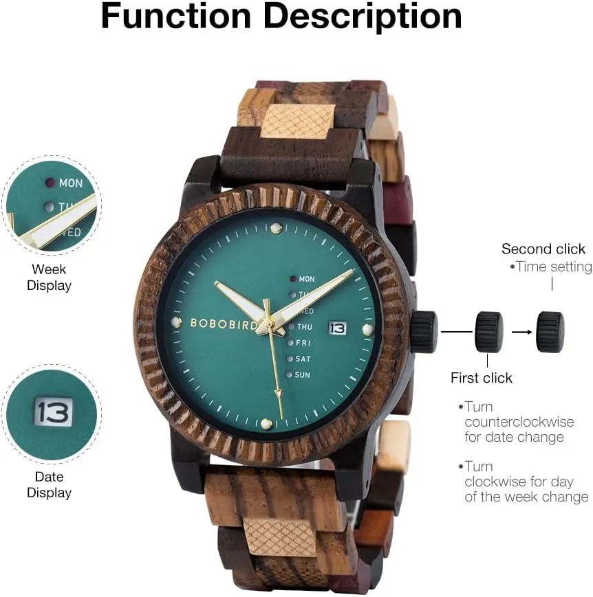 with Week Display Lightweight Handmade Wood Wrist Watch for Men BOBO BIRD Mens canopy Wooden Watch Analog Quartz 