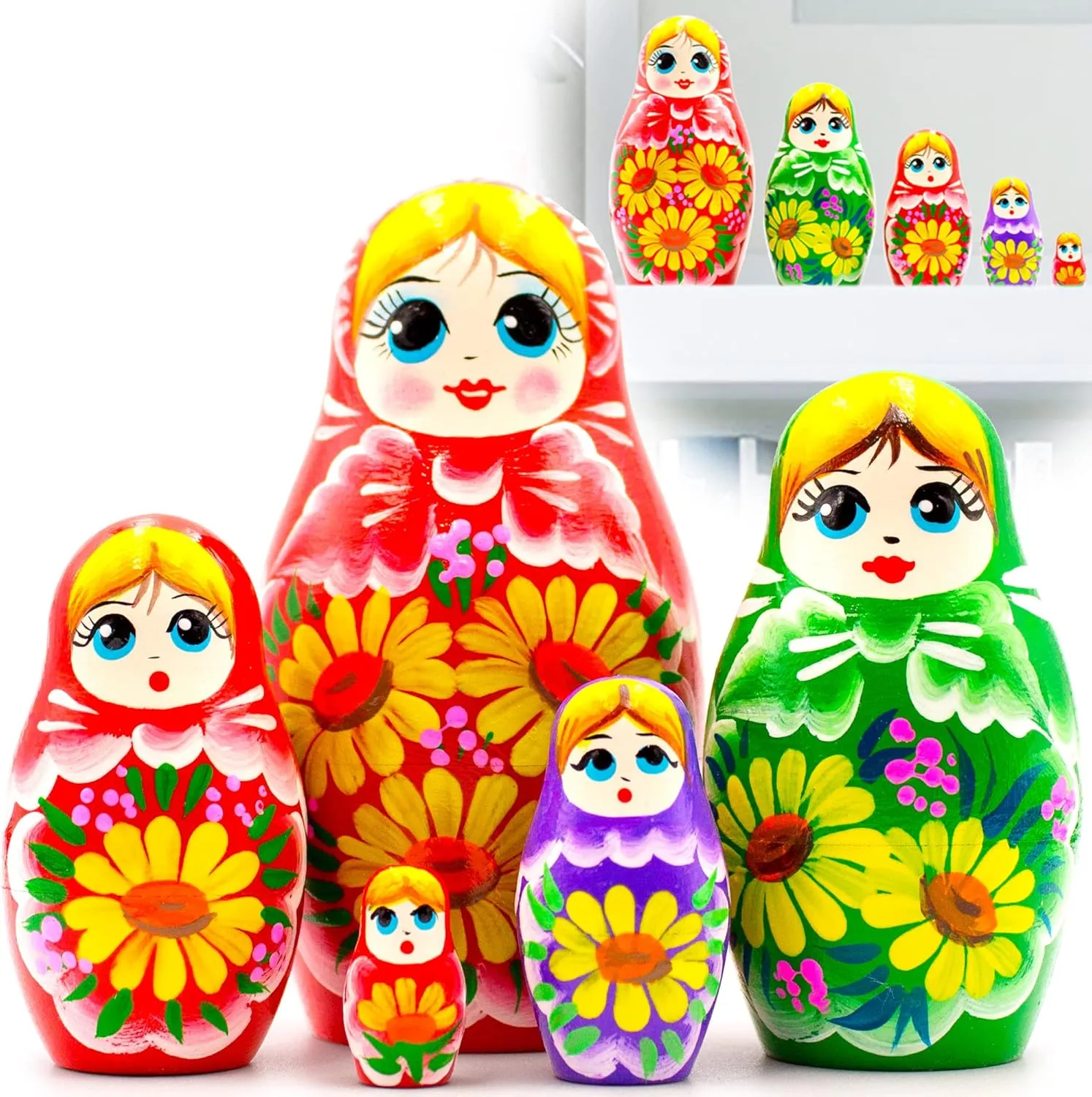 with Yellow Gerberas Flowers - Matryoshka Doll with Yellow Flowers - Gerbera Daisy Decor AEVVV Russian Nesting Dolls Set of colossal behave 5 pcs - Multicolour Russian Doll 