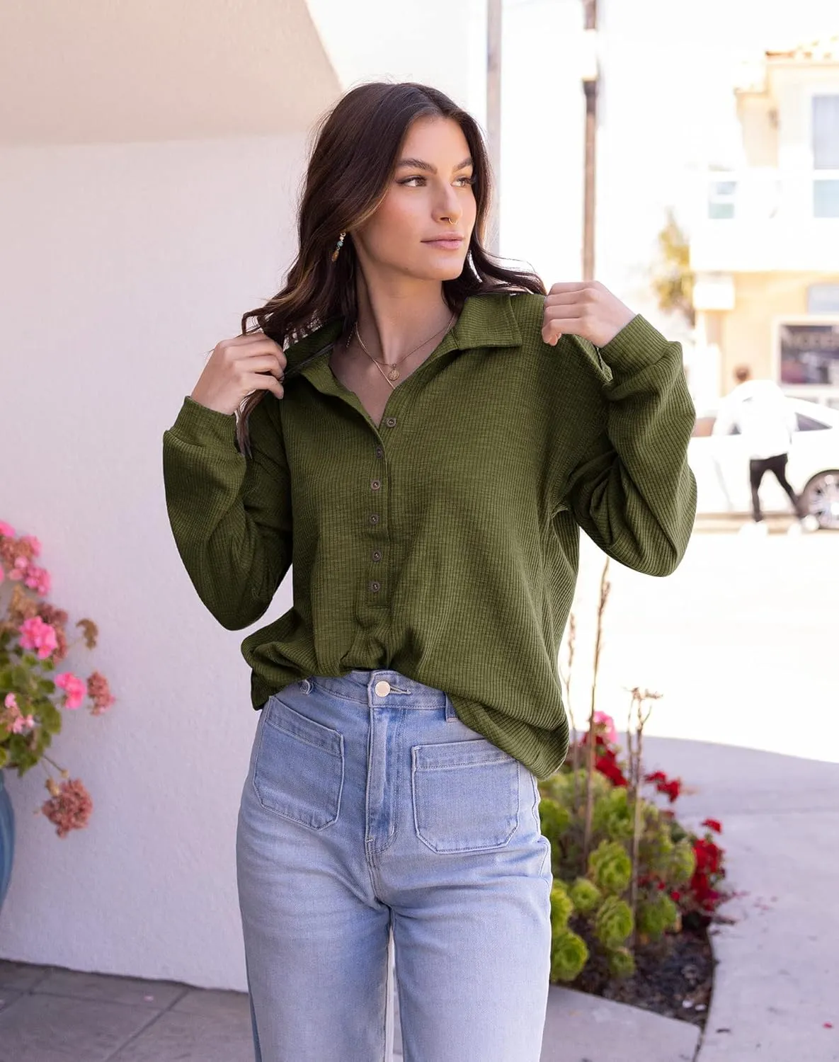 Women Casual contention fleshy Button Down Fall Blouses 2025 Long Sleeve Solid Business Work Tops Cute Relaxed Fit Shirts BTFBM 