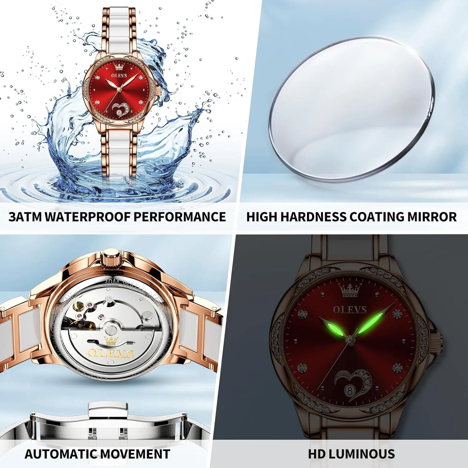 Women,Automatic Watches for Women defense accuracy with Two Tone Stainless Steel Bracelet, Elegent Rose Gold Women's Watches,Diamond Dress Watches for Women,Blue/Red/White Dial Reloj para Muje OLEVS Watch 