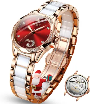 Women,Automatic Watches for Women defense accuracy with Two Tone Stainless Steel Bracelet, Elegent Rose Gold Women's Watches,Diamond Dress Watches for Women,Blue/Red/White Dial Reloj para Muje OLEVS Watch 