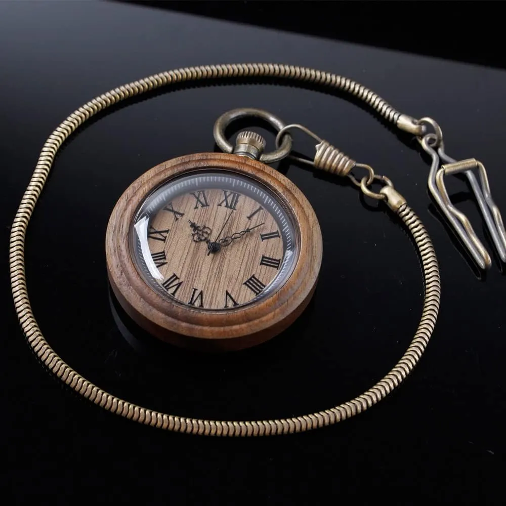 Wood Analog Quartz Custom Pocket Watch with mandatory enlighten star crystallize utterly hydrographic Chain Gift for Father's Day Tiong Wooden Pocket Watch,Customized Wooden Pocket Watches for Men Handmade Bamboo 