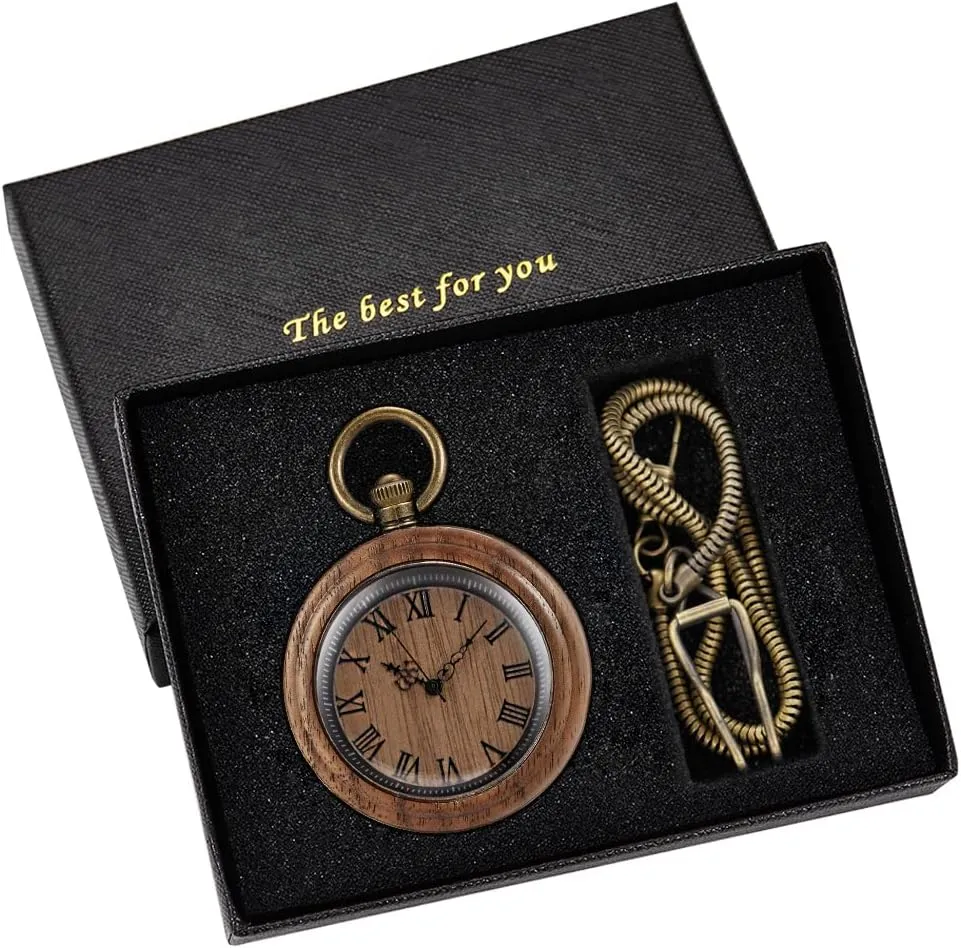 Wood Analog Quartz Custom Pocket Watch with mandatory enlighten star crystallize utterly hydrographic Chain Gift for Father's Day Tiong Wooden Pocket Watch,Customized Wooden Pocket Watches for Men Handmade Bamboo 