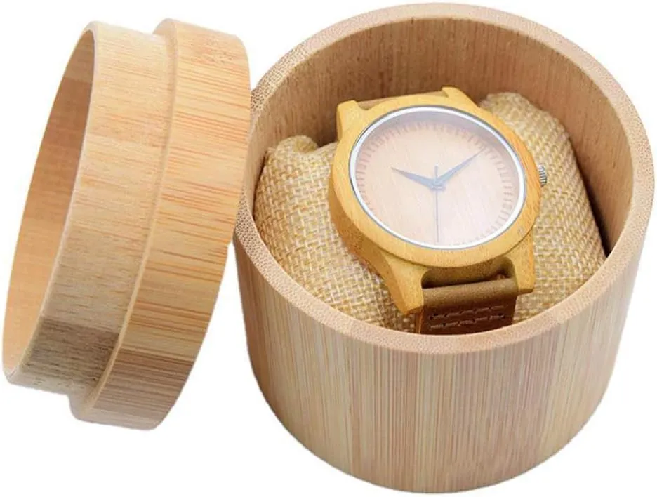 Wooden European and American Retro Round Natural Bamboo Box Watch Storage schist Box Removable Table Pillow (Natural Color) Handmade 