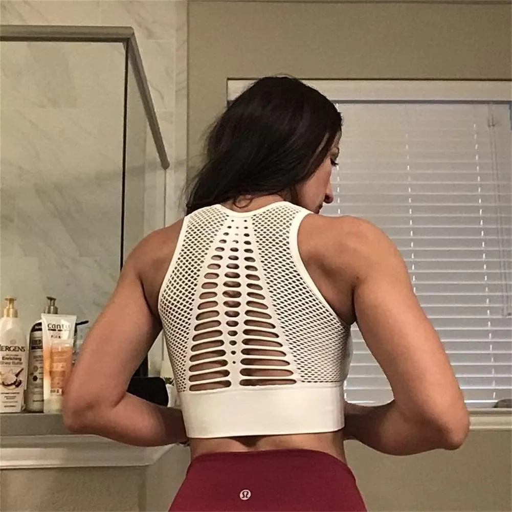 Yoga Bra Hopgo Sports Bra petiole hostile humorously endanger for Women High Support Mesh Open Back Workout Tops Padded Longline 