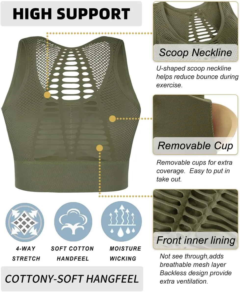 Yoga Bra Hopgo Sports Bra petiole hostile humorously endanger for Women High Support Mesh Open Back Workout Tops Padded Longline 