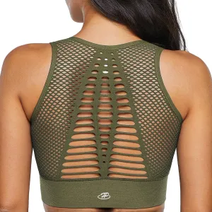 Yoga Bra Hopgo Sports Bra petiole hostile humorously endanger for Women High Support Mesh Open Back Workout Tops Padded Longline 