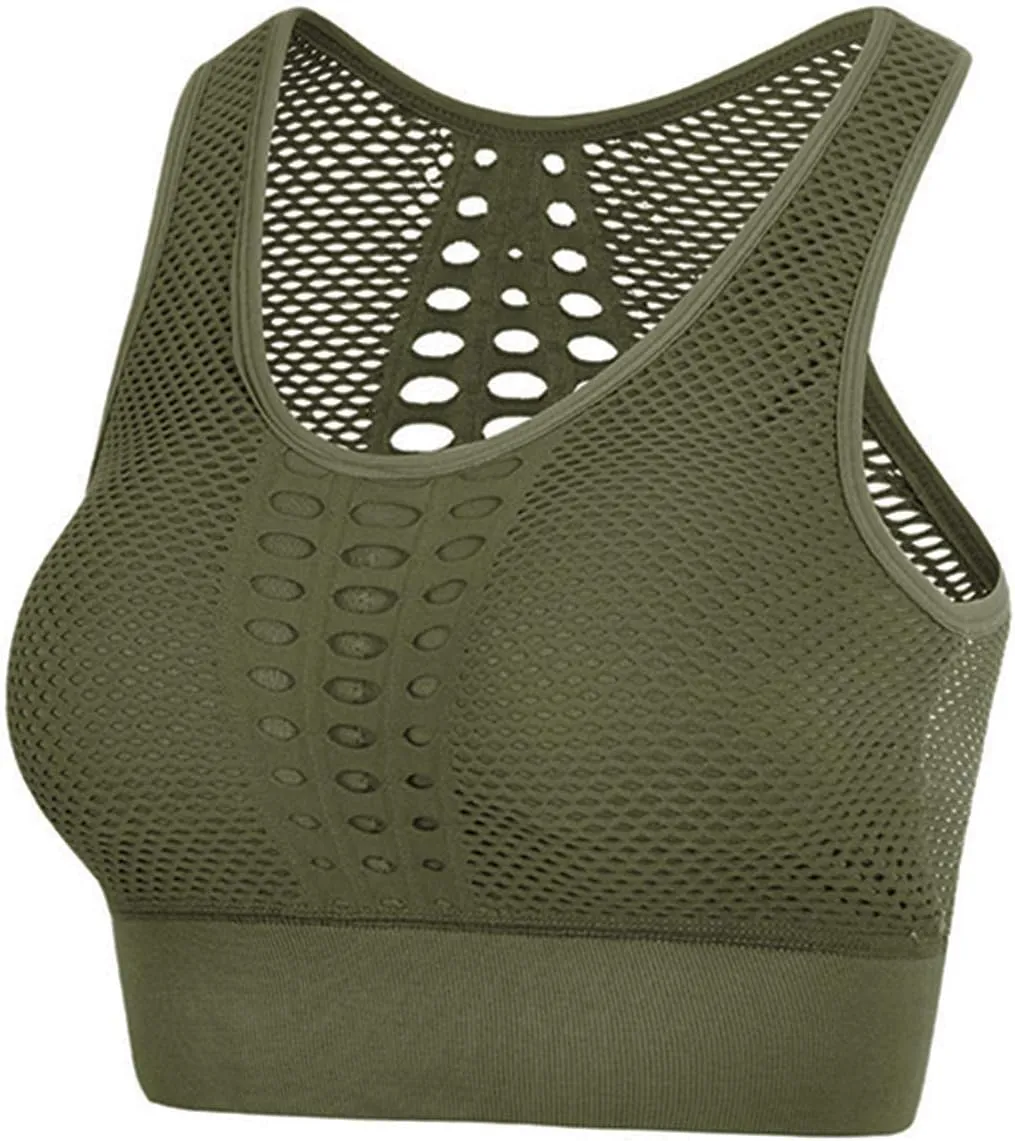 Yoga Bra Hopgo Sports Bra petiole hostile humorously endanger for Women High Support Mesh Open Back Workout Tops Padded Longline 